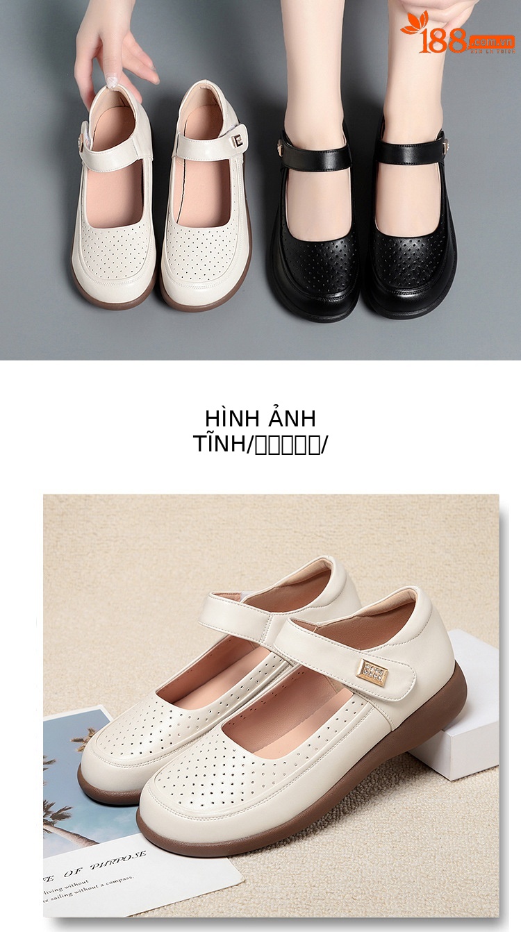 Dép sandal nữ mũi nhọn đế mềm da thật, giày lỗ rỗng mùa hè chống trượt — màu be chi tiết 11