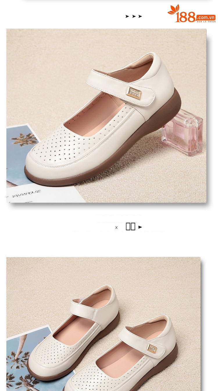 Dép sandal nữ mũi nhọn đế mềm da thật, giày lỗ rỗng mùa hè chống trượt — màu be chi tiết 12