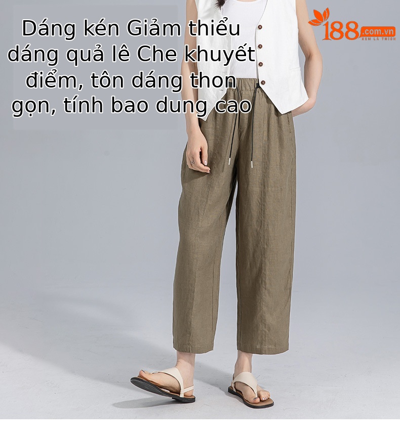 Quần tây nữ ống đứng cạp thun co giãn vải lanh trắng che hông — Màu trắng (bao gồm cả lớp lót) chi tiết 9