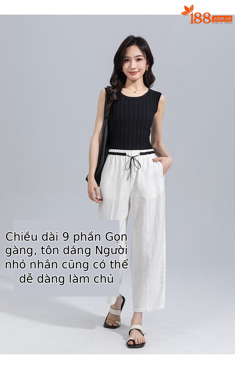 Quần tây nữ ống đứng cạp thun co giãn vải lanh trắng che hông — Màu trắng (bao gồm cả lớp lót) chi tiết 10
