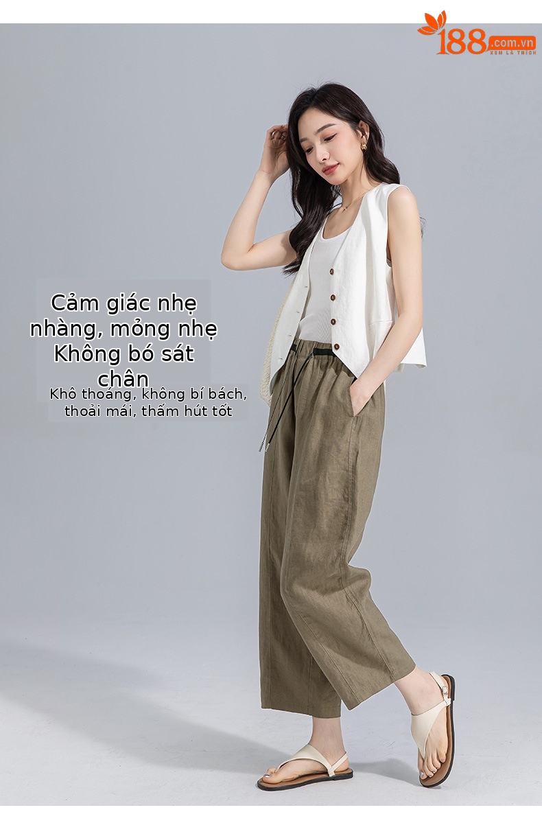 Quần tây nữ ống đứng cạp thun co giãn vải lanh trắng che hông — Màu trắng (bao gồm cả lớp lót) chi tiết 11