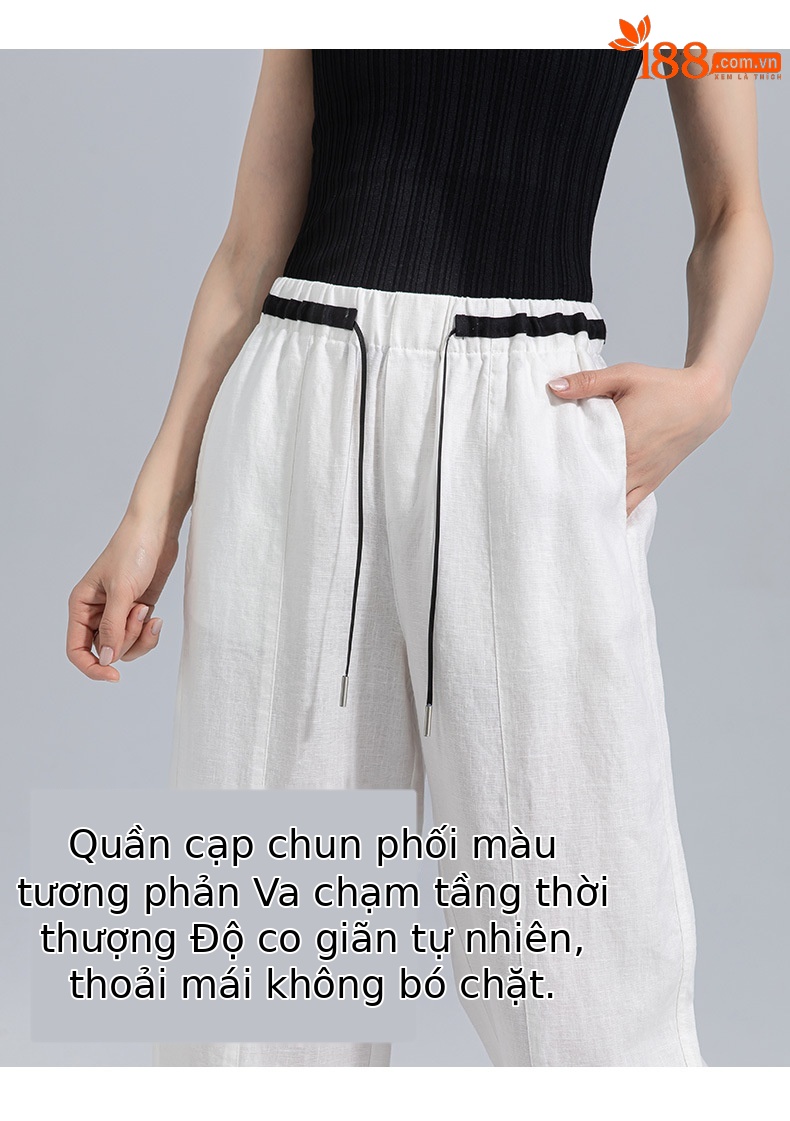 Quần tây nữ ống đứng cạp thun co giãn vải lanh trắng che hông — Màu trắng (bao gồm cả lớp lót) chi tiết 12