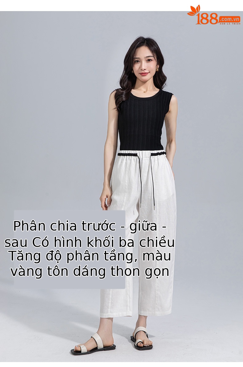 Quần tây nữ ống đứng cạp thun co giãn vải lanh trắng che hông — Màu trắng (bao gồm cả lớp lót) chi tiết 13
