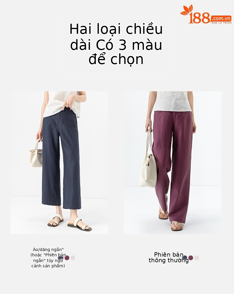 Quần ống rộng Tencel cạp cao dáng suông vải lanh mùa hè — Màu tím-Thông thường (25327) chi tiết 3