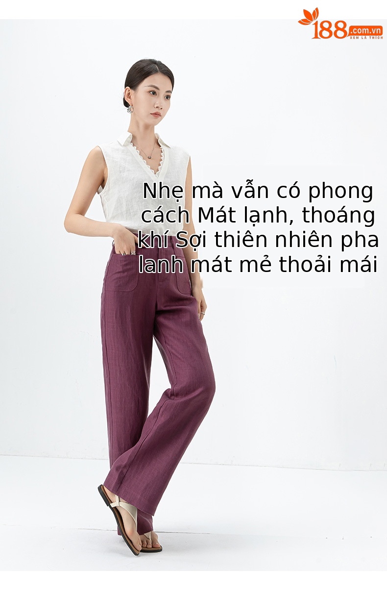 Quần ống rộng Tencel cạp cao dáng suông vải lanh mùa hè — Màu tím-Thông thường (25327) chi tiết 10
