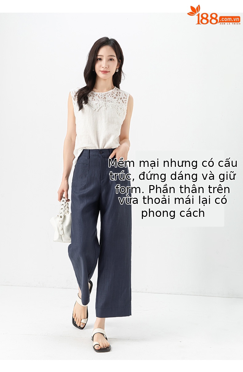 Quần ống rộng Tencel cạp cao dáng suông vải lanh mùa hè — Màu tím-Thông thường (25327) chi tiết 11