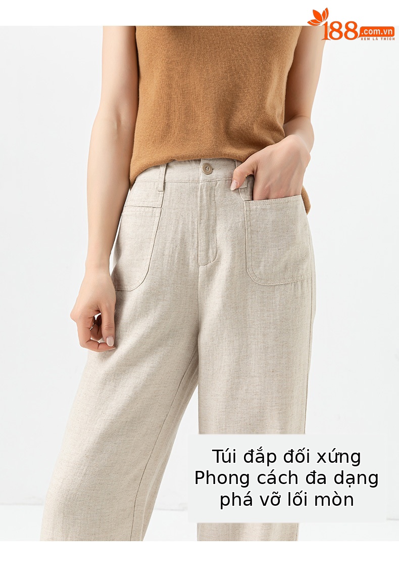 Quần ống rộng Tencel cạp cao dáng suông vải lanh mùa hè — Màu tím-Thông thường (25327) chi tiết 12