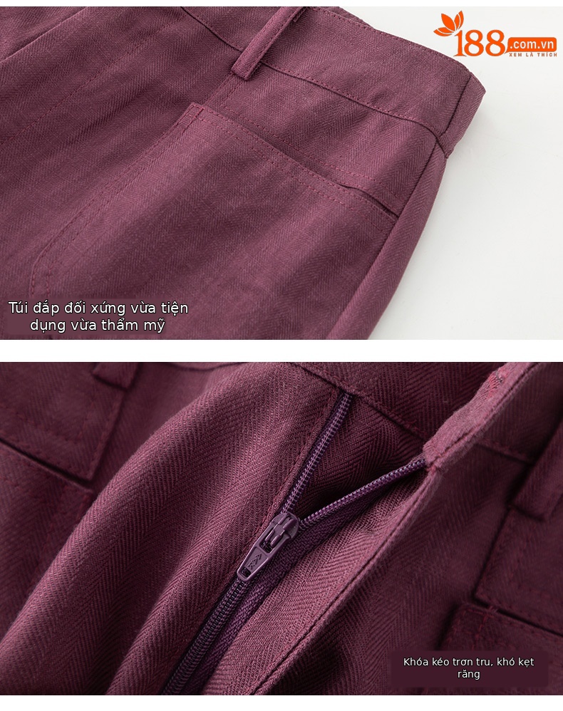 Quần ống rộng Tencel cạp cao dáng suông vải lanh mùa hè — Màu tím-Thông thường (25327) chi tiết 16