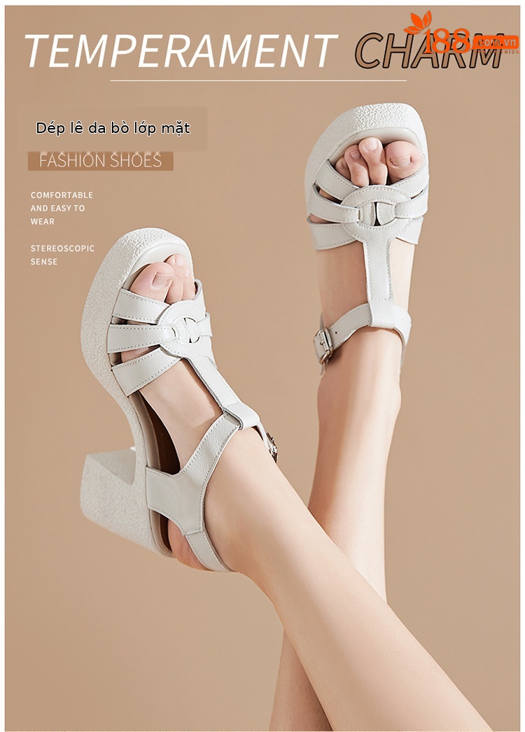 Sandal cao gót nữ quai ngang da thật phong cách La Mã đế dày gót thô — Màu đen chi tiết 1