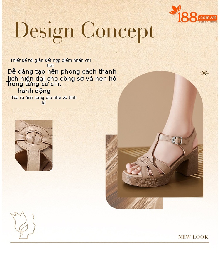 Sandal cao gót nữ quai ngang da thật phong cách La Mã đế dày gót thô — Màu đen chi tiết 2