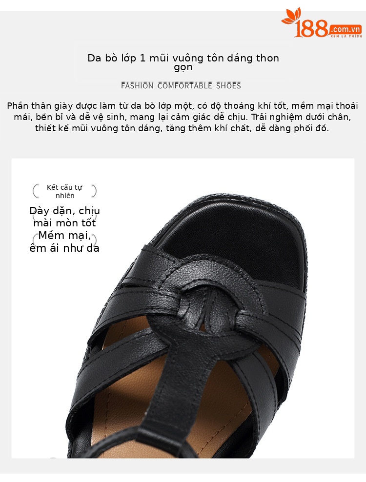 Sandal cao gót nữ quai ngang da thật phong cách La Mã đế dày gót thô — Màu đen chi tiết 6