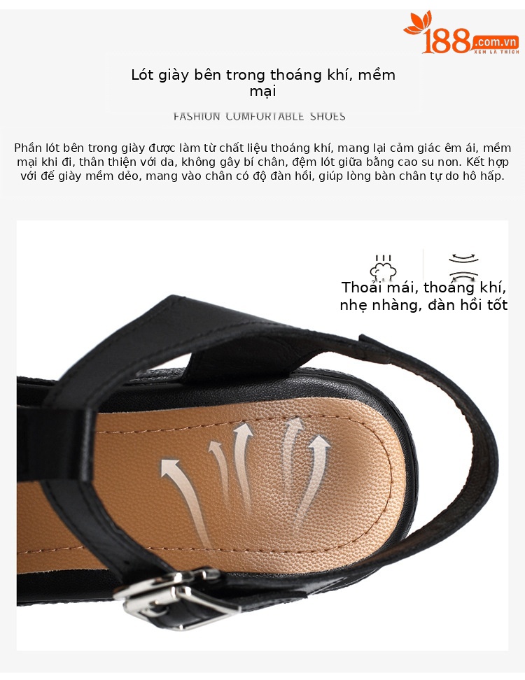 Sandal cao gót nữ quai ngang da thật phong cách La Mã đế dày gót thô — Màu đen chi tiết 7
