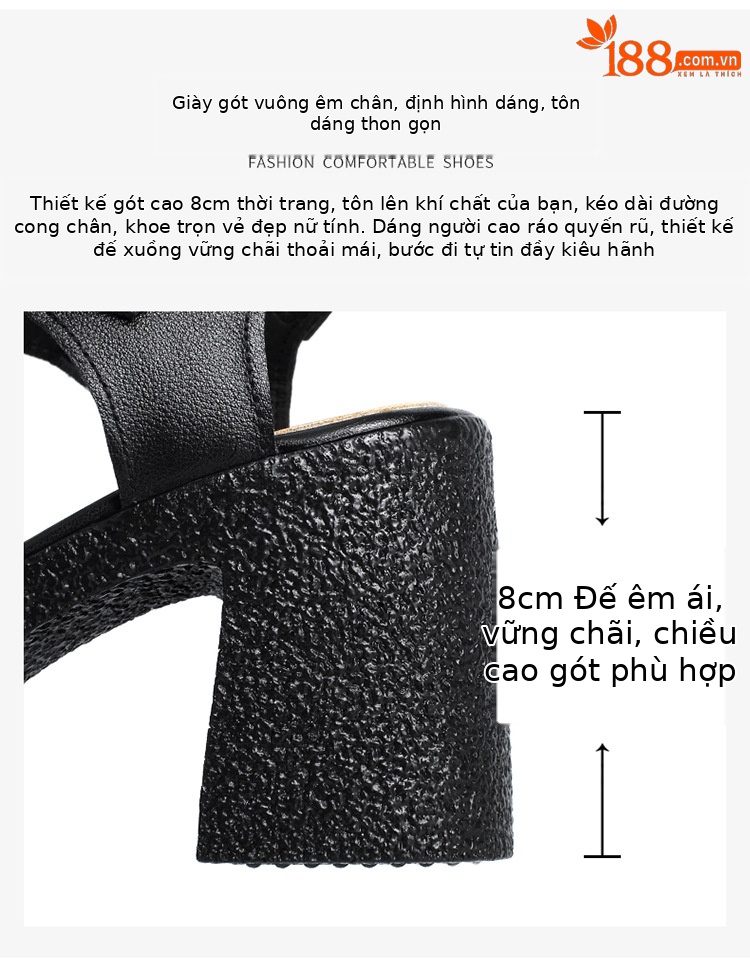 Sandal cao gót nữ quai ngang da thật phong cách La Mã đế dày gót thô — Màu đen chi tiết 9
