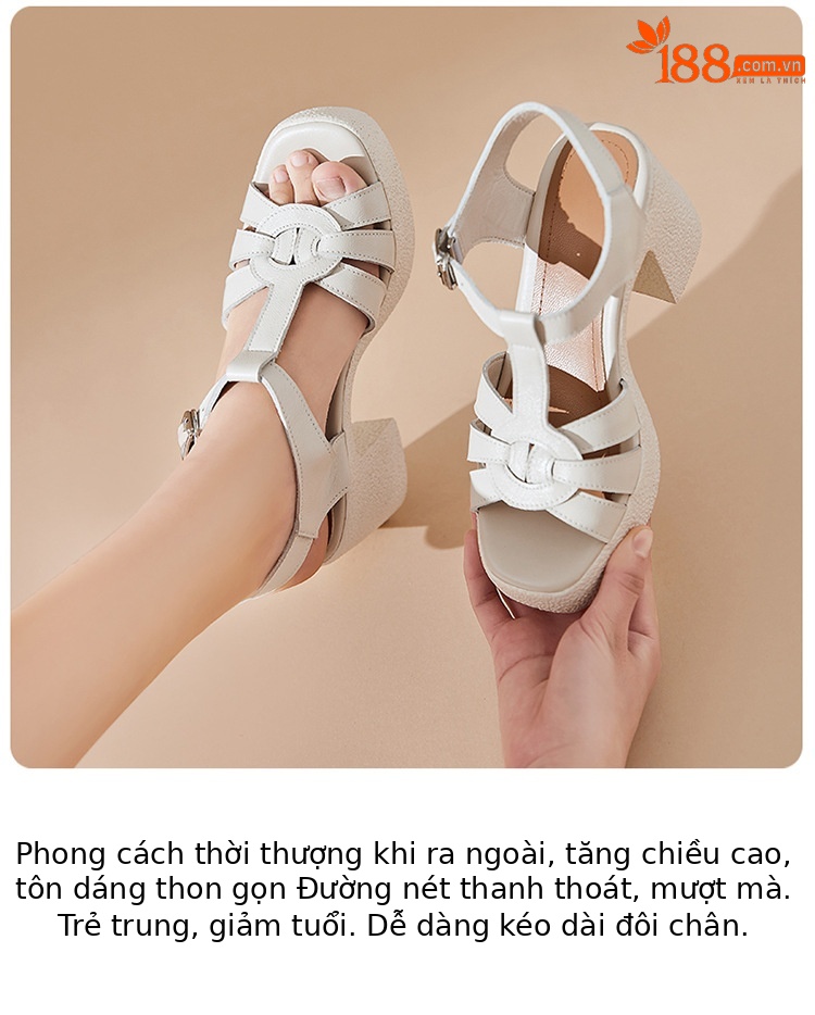 Sandal cao gót nữ quai ngang da thật phong cách La Mã đế dày gót thô — Màu đen chi tiết 12