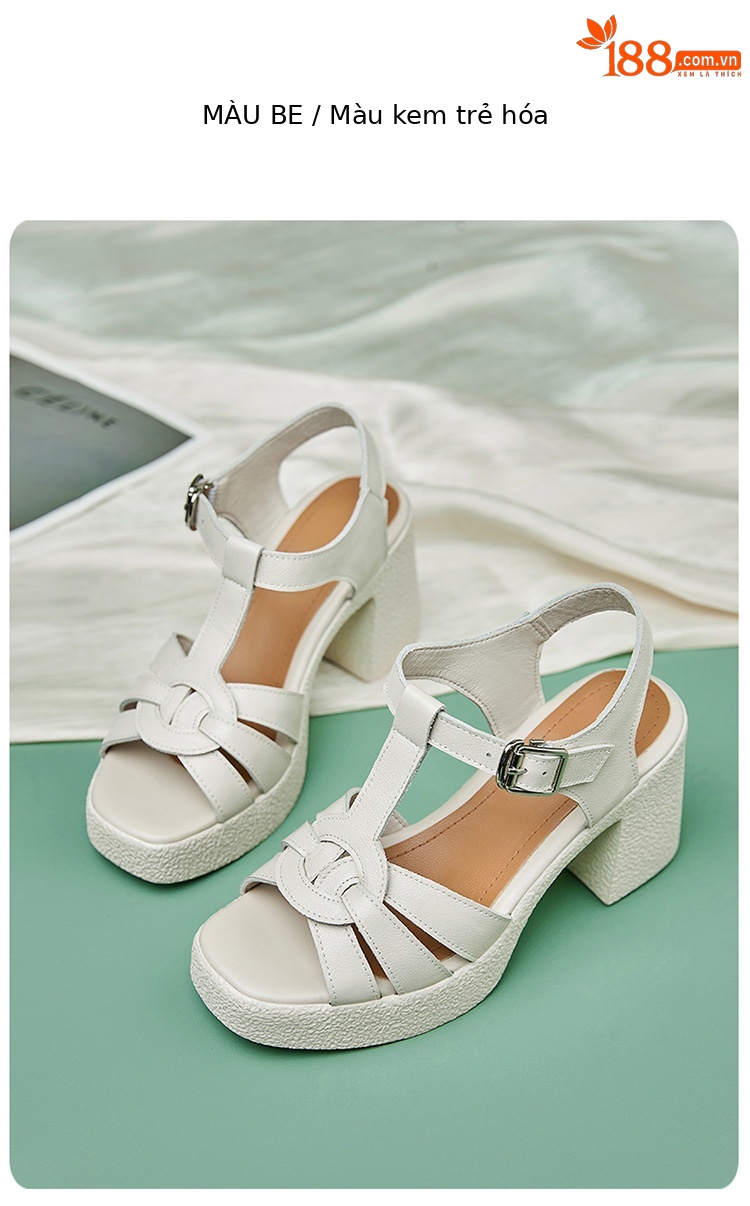 Sandal cao gót nữ quai ngang da thật phong cách La Mã đế dày gót thô — Màu đen chi tiết 24