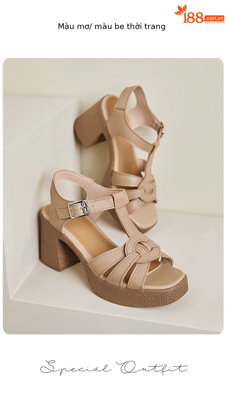 Sandal cao gót nữ quai ngang da thật phong cách La Mã đế dày gót thô — Màu đen chi tiết 27