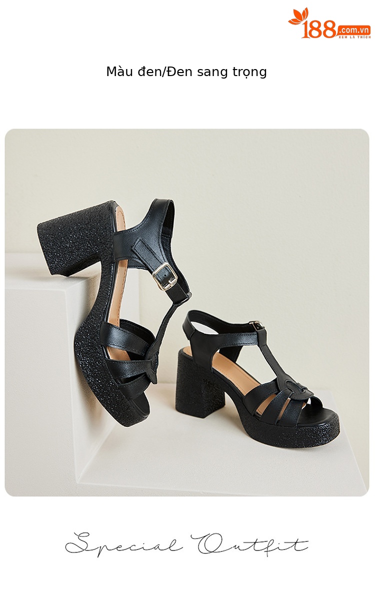 Sandal cao gót nữ quai ngang da thật phong cách La Mã đế dày gót thô — Màu đen chi tiết 29