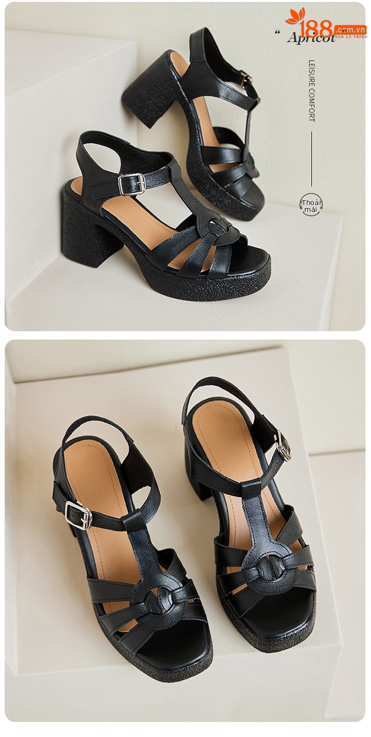 Sandal cao gót nữ quai ngang da thật phong cách La Mã đế dày gót thô — Màu đen chi tiết 30