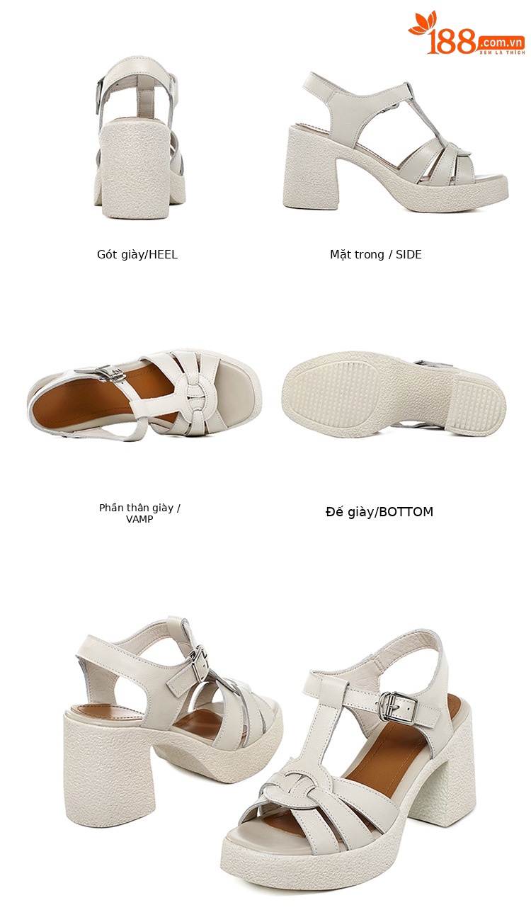 Sandal cao gót nữ quai ngang da thật phong cách La Mã đế dày gót thô — Màu đen chi tiết 32