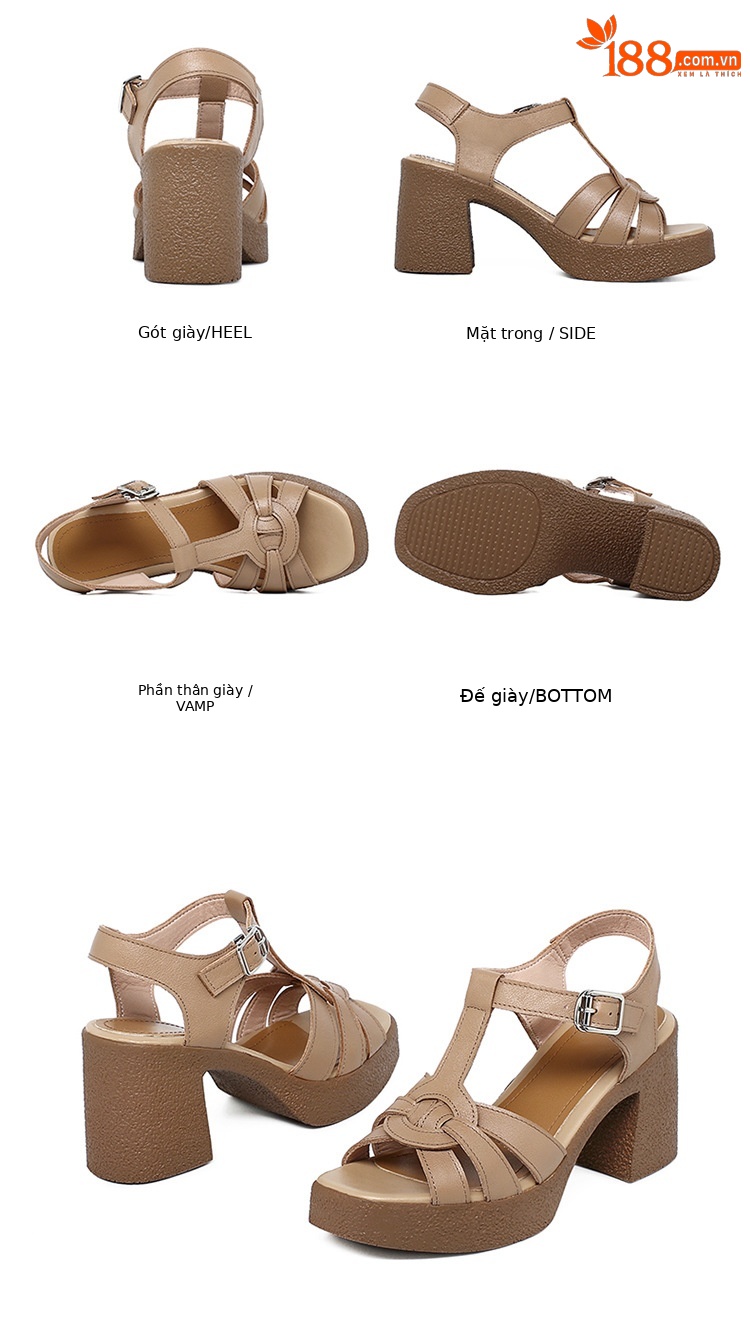 Sandal cao gót nữ quai ngang da thật phong cách La Mã đế dày gót thô — Màu đen chi tiết 35