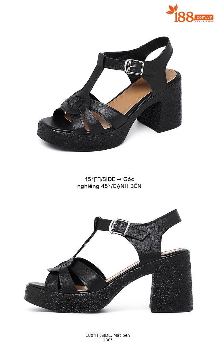 Sandal cao gót nữ quai ngang da thật phong cách La Mã đế dày gót thô — Màu đen chi tiết 37