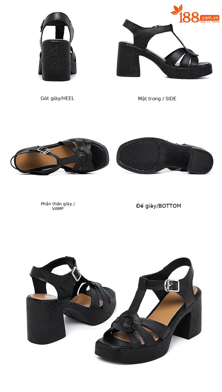 Sandal cao gót nữ quai ngang da thật phong cách La Mã đế dày gót thô — Màu đen chi tiết 38