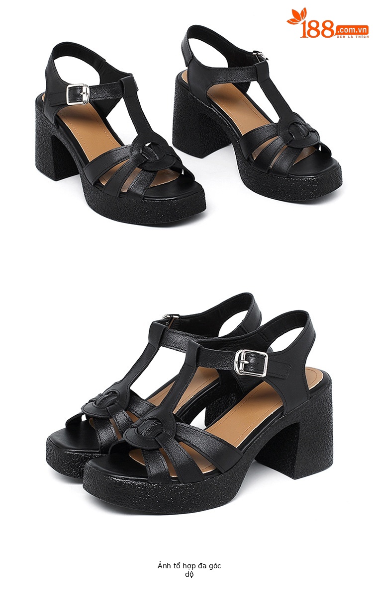 Sandal cao gót nữ quai ngang da thật phong cách La Mã đế dày gót thô — Màu đen chi tiết 39