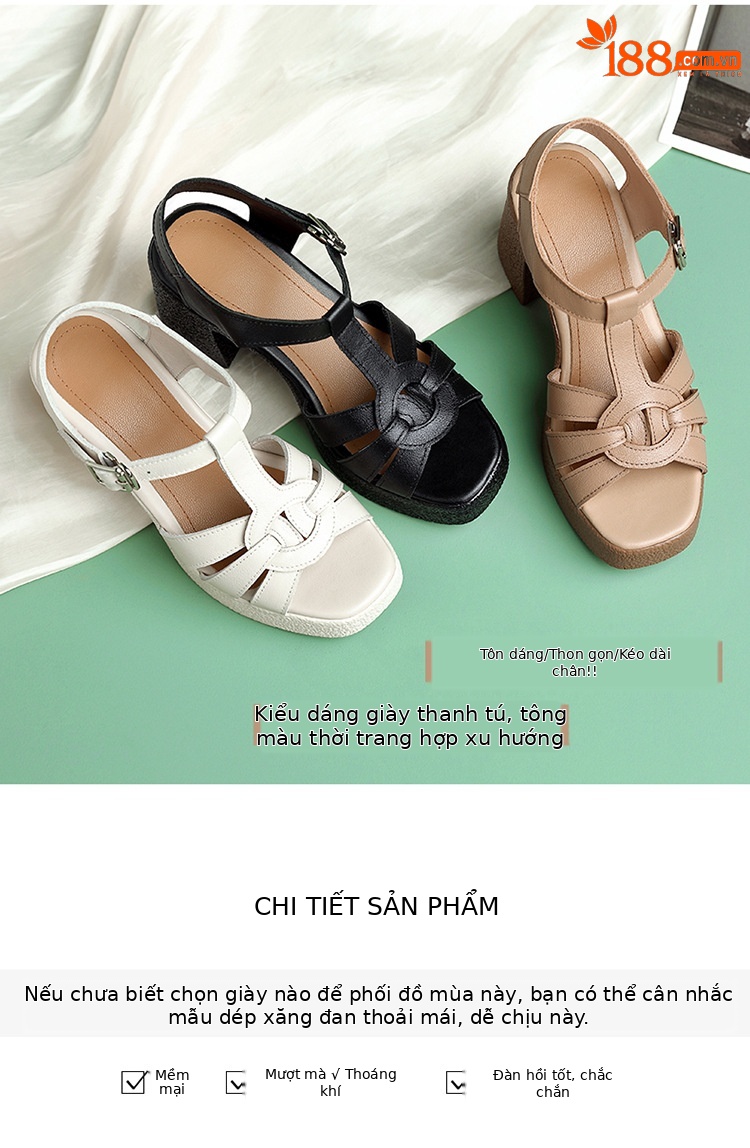 Sandal cao gót nữ quai ngang da thật phong cách La Mã đế dày gót thô — Màu đen chi tiết 5