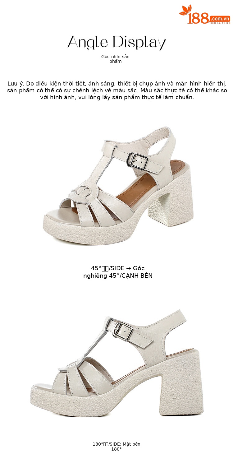 Sandal cao gót nữ quai ngang da thật phong cách La Mã đế dày gót thô — Màu đen chi tiết 31