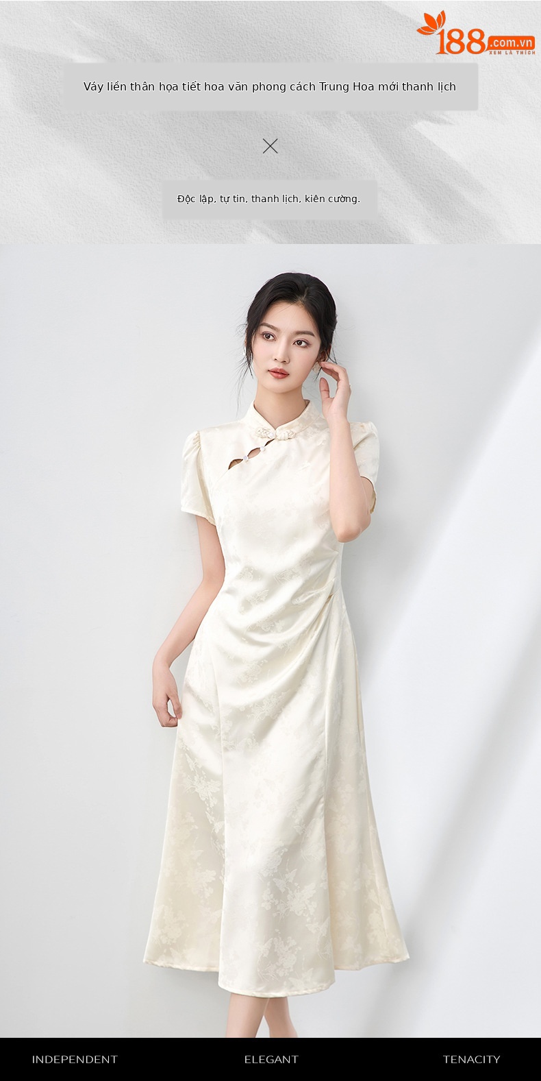 Đầm maxi nữ thắt eo phong cách sườn xám cổ điển, họa tiết phù điêu jacquard phương Đông — Màu xanh lá chi tiết 1