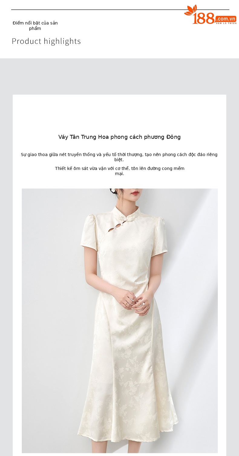 Đầm maxi nữ thắt eo phong cách sườn xám cổ điển, họa tiết phù điêu jacquard phương Đông — Màu xanh lá chi tiết 4
