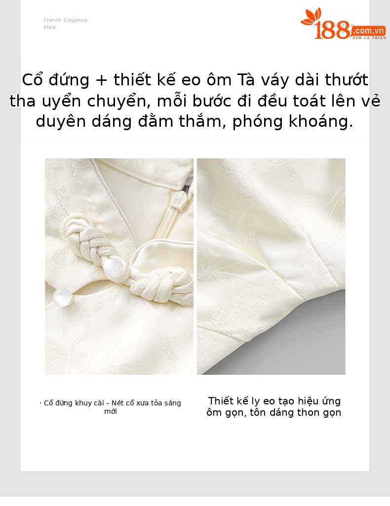 Đầm maxi nữ thắt eo phong cách sườn xám cổ điển, họa tiết phù điêu jacquard phương Đông — Màu xanh lá chi tiết 5