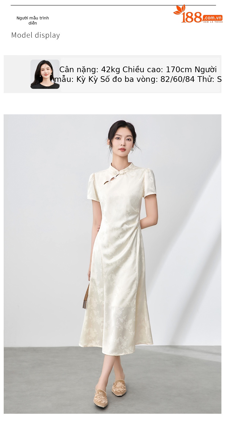 Đầm maxi nữ thắt eo phong cách sườn xám cổ điển, họa tiết phù điêu jacquard phương Đông — Màu xanh lá chi tiết 6
