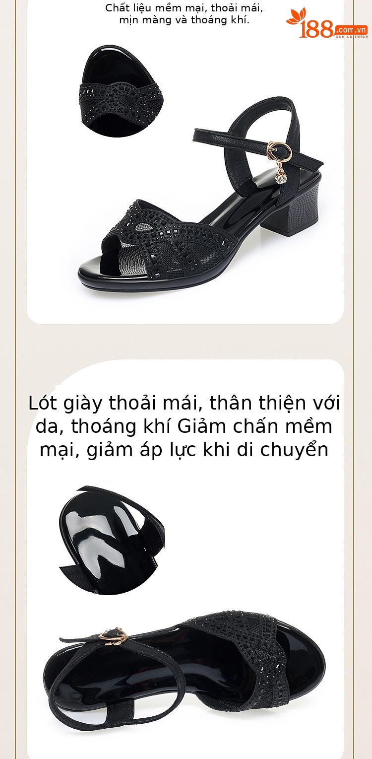 Sandal cao gót nữ quai ngang da thật gót vuông — Màu đen chi tiết 4