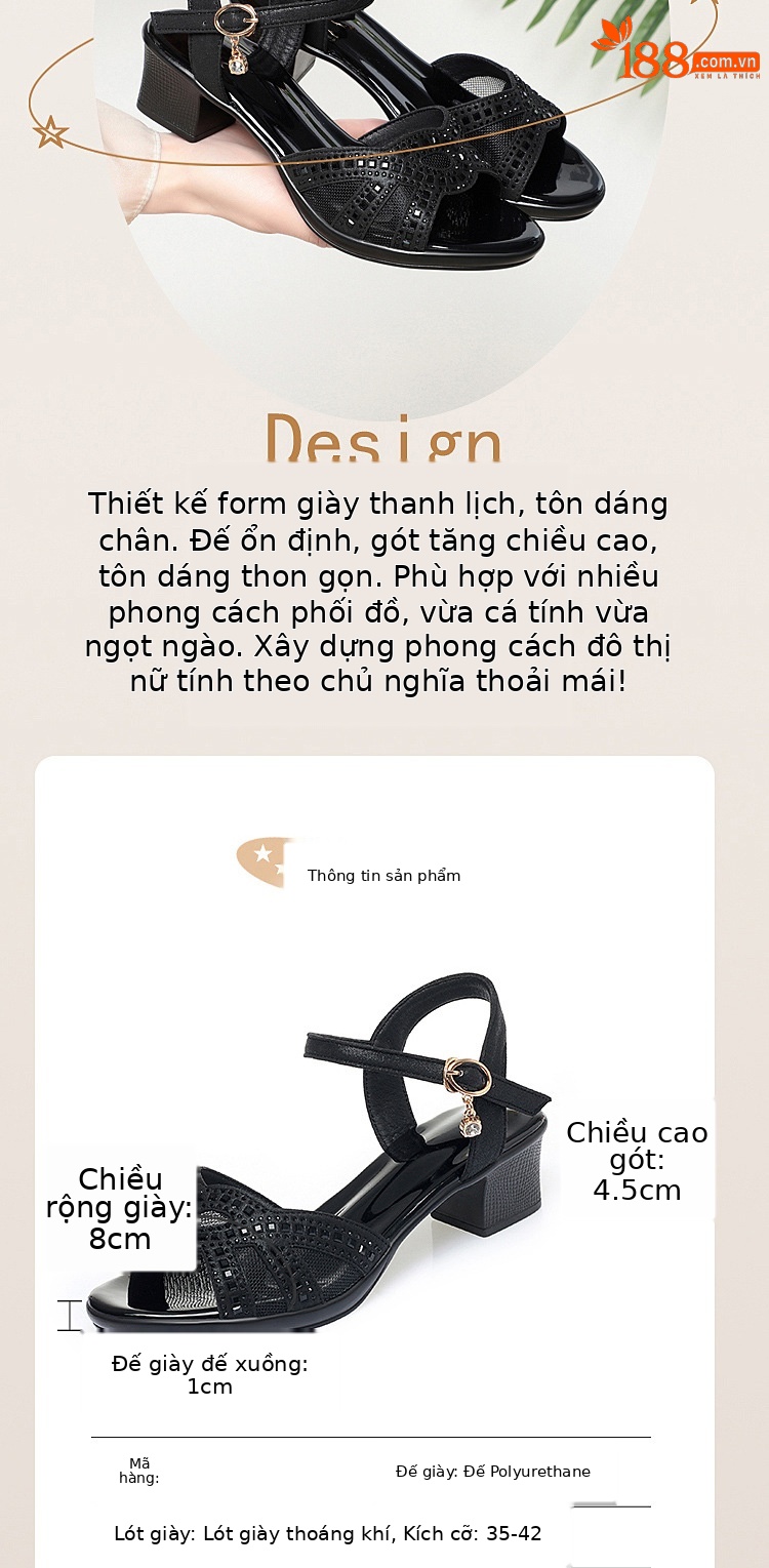 Sandal cao gót nữ quai ngang da thật gót vuông — Màu đen chi tiết 2
