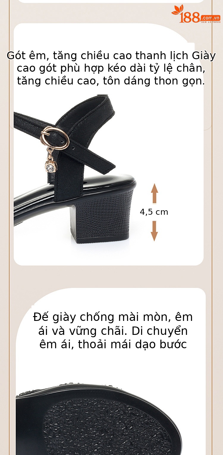 Sandal cao gót nữ quai ngang da thật gót vuông — Màu đen chi tiết 5