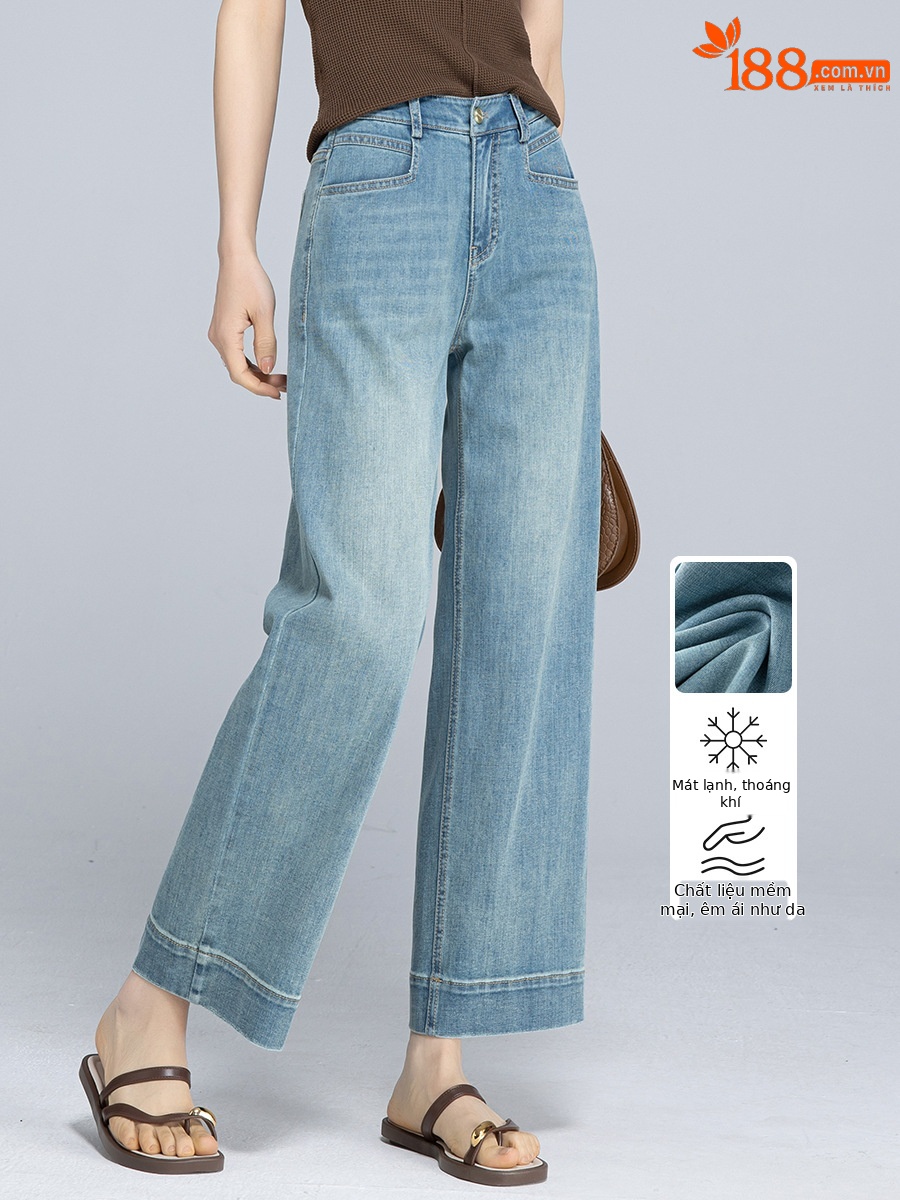 Quần jeans nữ ống rộng dài mắt cá chân chất liệu Tencel mát mẻ — Màu xanh lam
