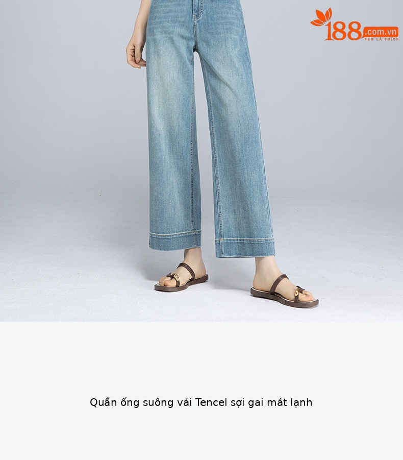Quần jeans nữ ống rộng dài mắt cá chân chất liệu Tencel mát mẻ — Màu xanh lam chi tiết 2