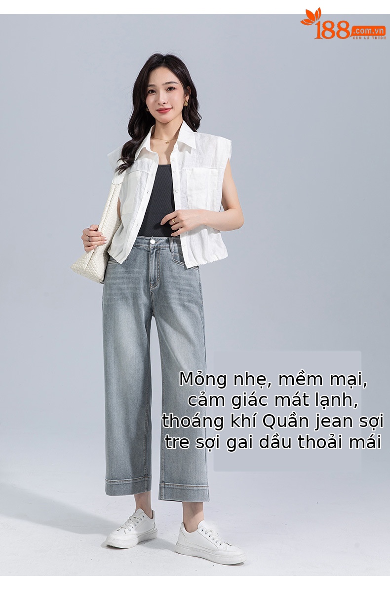 Quần jeans nữ ống rộng dài mắt cá chân chất liệu Tencel mát mẻ — Màu xanh lam chi tiết 13