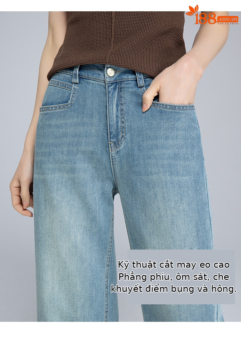 Quần jeans nữ ống rộng dài mắt cá chân chất liệu Tencel mát mẻ — Màu xanh lam chi tiết 15