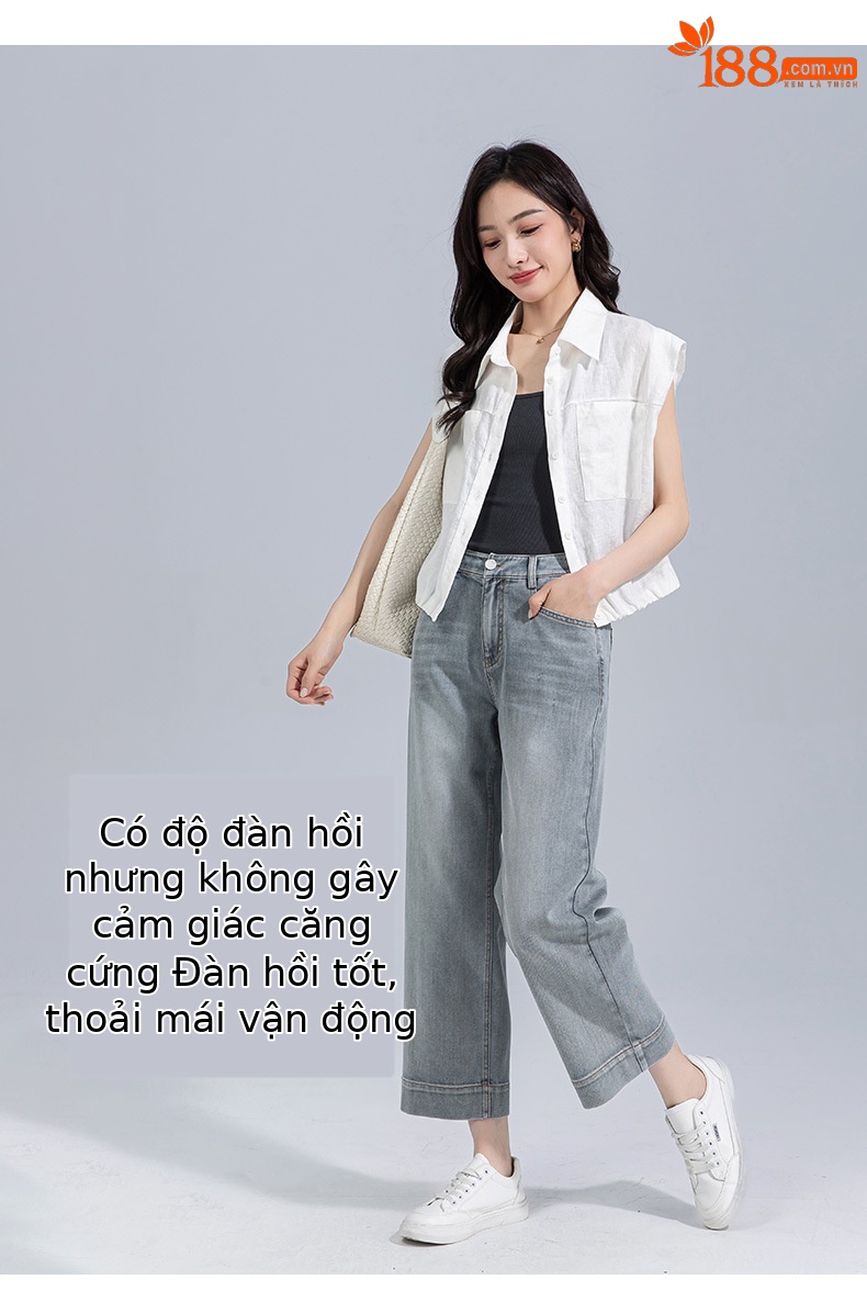 Quần jeans nữ ống rộng dài mắt cá chân chất liệu Tencel mát mẻ — Màu xanh lam chi tiết 18
