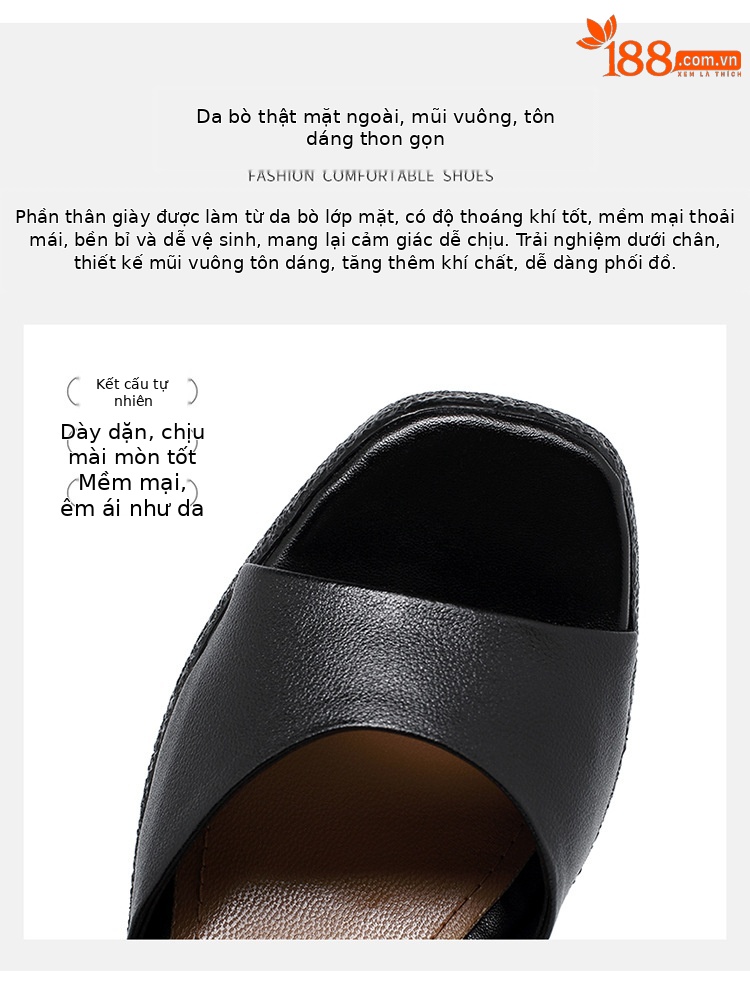 Sandal cao gót nữ quai ngang da thật đế dày chống thấm — Màu đen chi tiết 6