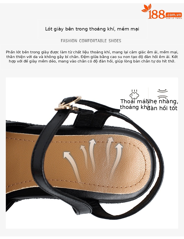 Sandal cao gót nữ quai ngang da thật đế dày chống thấm — Màu đen chi tiết 7