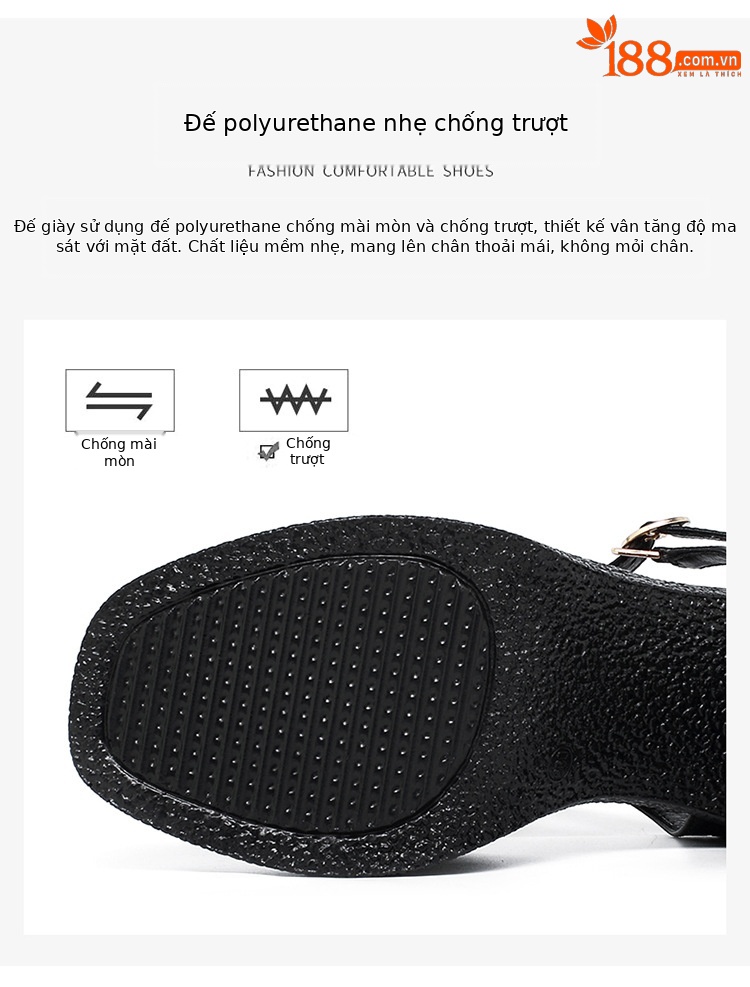Sandal cao gót nữ quai ngang da thật đế dày chống thấm — Màu đen chi tiết 8