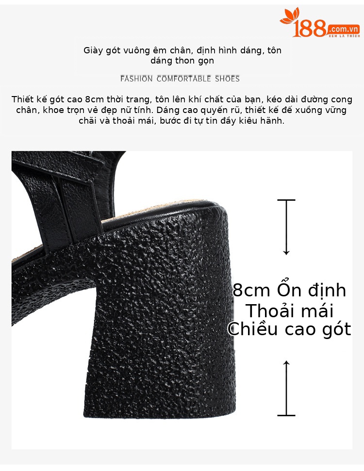 Sandal cao gót nữ quai ngang da thật đế dày chống thấm — Màu đen chi tiết 9