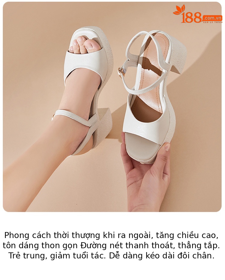 Sandal cao gót nữ quai ngang da thật đế dày chống thấm — Màu đen chi tiết 12