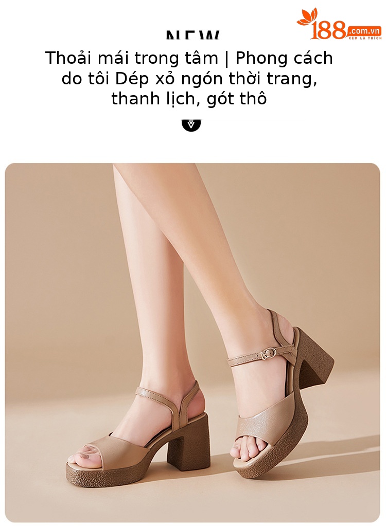 Sandal cao gót nữ quai ngang da thật đế dày chống thấm — Màu đen chi tiết 18