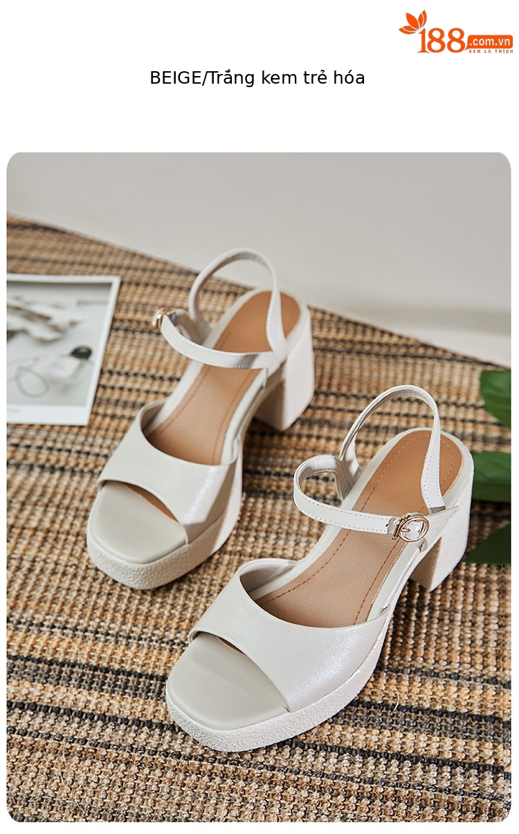 Sandal cao gót nữ quai ngang da thật đế dày chống thấm — Màu đen chi tiết 24