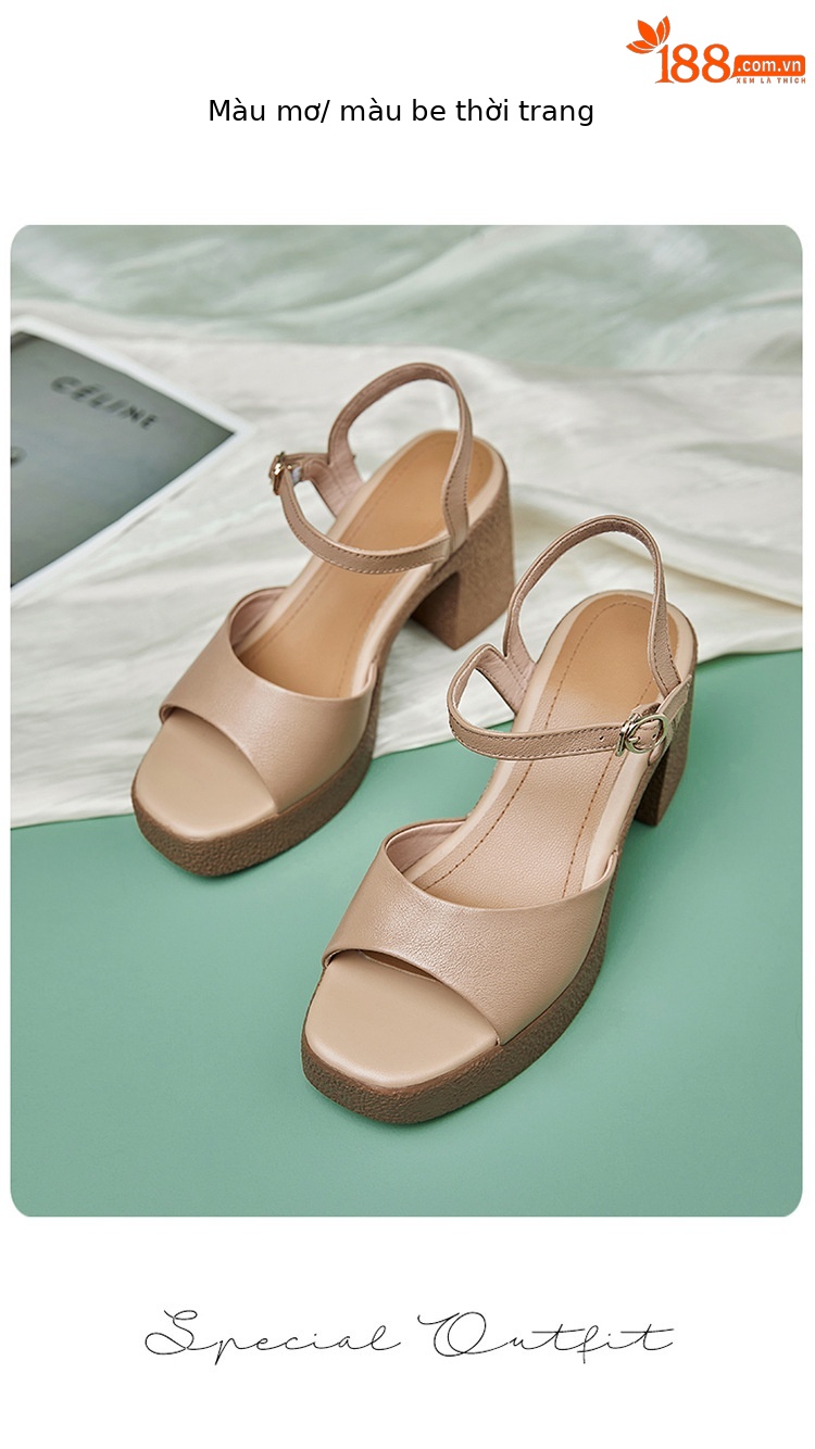 Sandal cao gót nữ quai ngang da thật đế dày chống thấm — Màu đen chi tiết 27