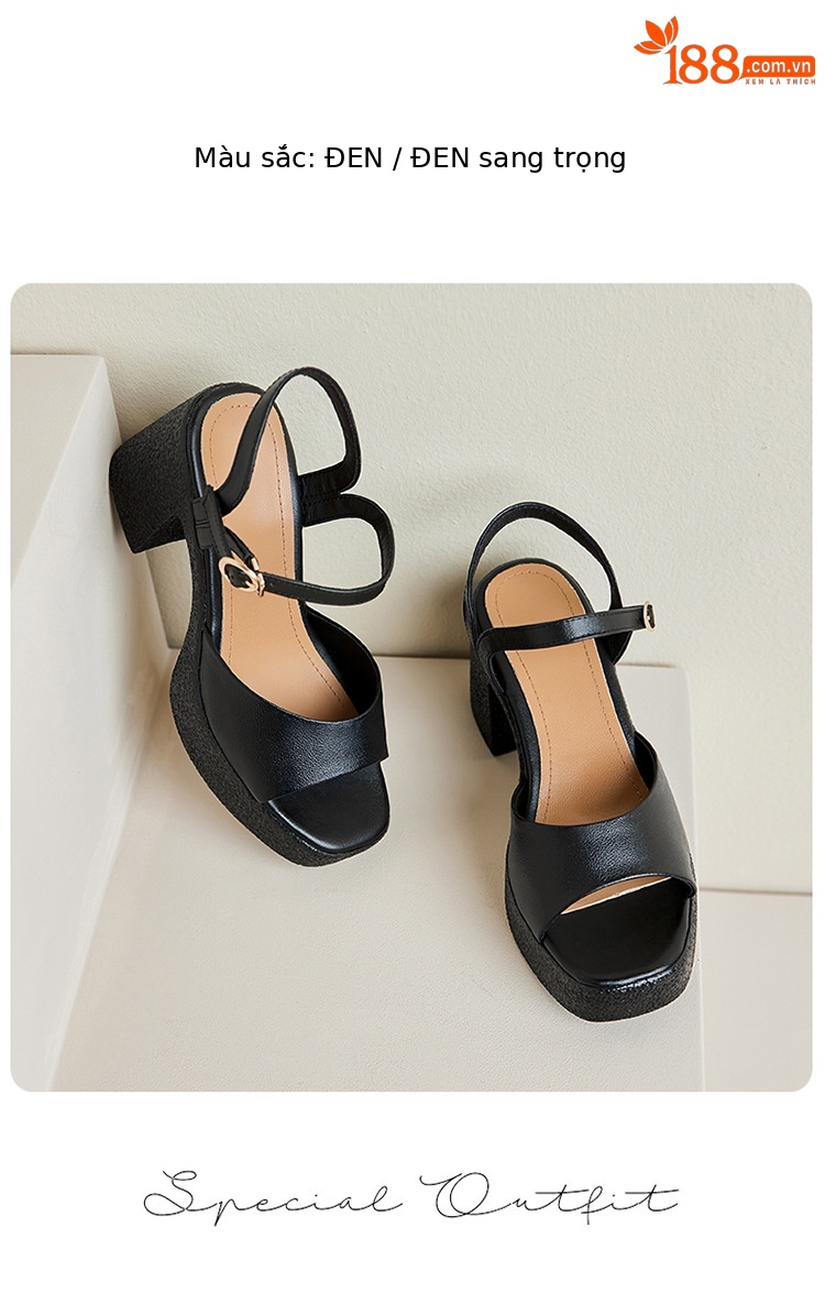 Sandal cao gót nữ quai ngang da thật đế dày chống thấm — Màu đen chi tiết 29